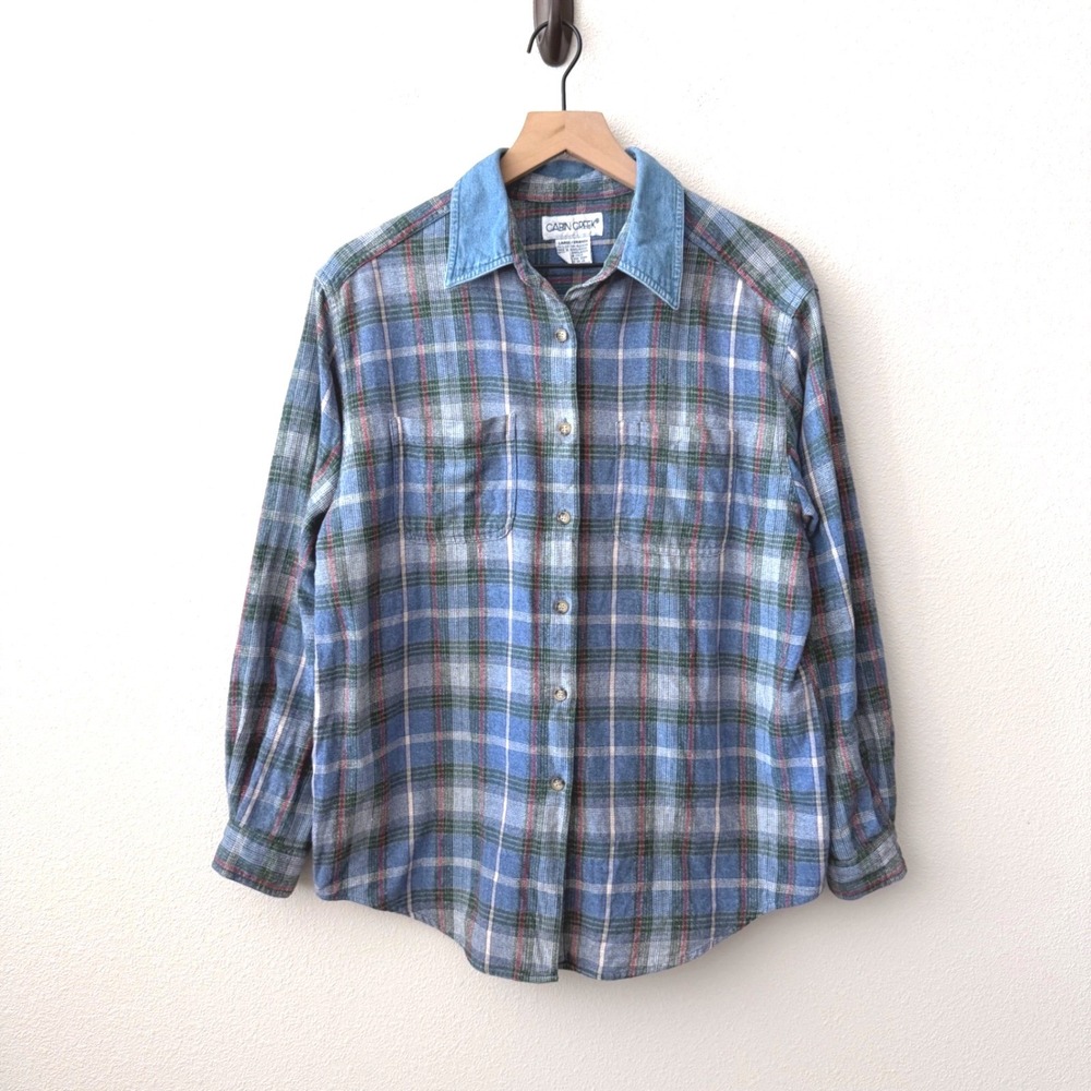 CABIN CREEK Womens Cotton Denim Collar Flannel Size L Western Boho Farmer 90's